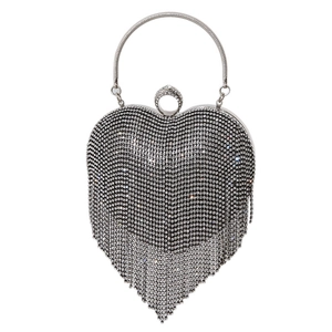 Elegant silver heart-shaped rhinestone evening bag with luxury tassels and metal handle
