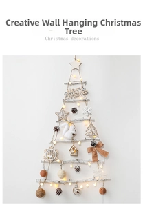 Detail of wooden wall-hanging Christmas tree with LED lights and festive ornaments