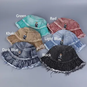 Set of 6 washed denim bucket hats with frayed edges and cute bear embroidery patch