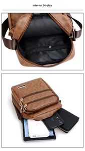 Internal view of brown PU leather shoulder bag showing large capacity for 8-inch tablet