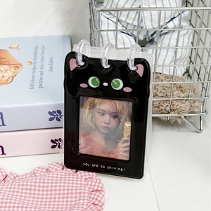Standing black cat mini photo album with clear 3-ring binder for idol photocards