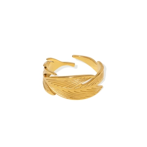 Golden feather ring in 18K gold plated stainless steel with adjustable open band design