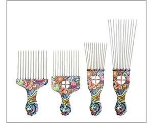 Detail view of four professional metal tooth hair combs with colorful paisley patterns