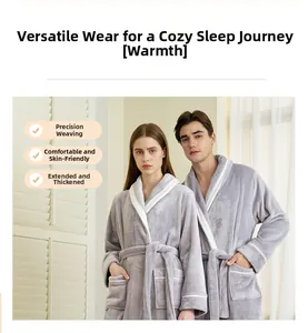 Thick light purple coral fleece couple bathrobes with white contrast trim and waist tie