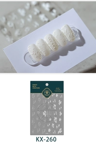 3D weiße florale Relief-Nagelaufkleber mit SECRET-Schriftzug und KX-260-Relief-Textur