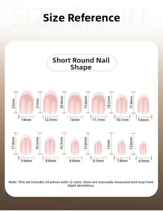 Size chart showing 24pcs short round press-on nails with 12 specific width measurements