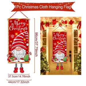 Christmas gnome door banner with detailed dimensions and outdoor hanging scene display