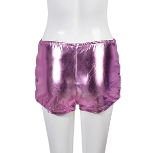 Rear view of bright pink metallic finish slim fit shorts on a white mannequin