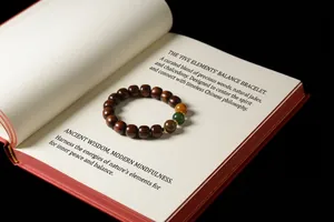 Gros plan d'un bracelet en bois avec des perles colorées sur un vieux livre chinois