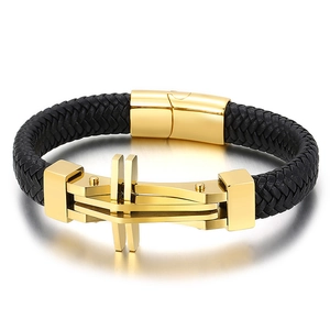 Men's double-layer braided leather bracelet with golden stainless steel cross charm