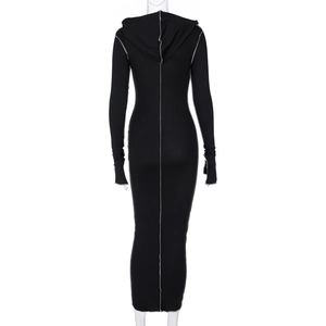 Detail of contrast stitching and thumbhole cuffs on back of hooded bodycon maxi dress