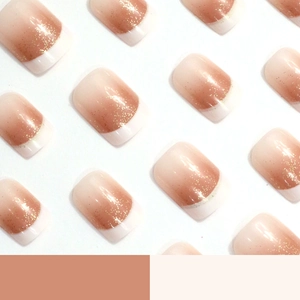 French gradient press-on nails with fine gold glitter in short square shape