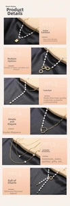 Close-up of pearl and gold titanium necklaces with various elegant pendants and charms