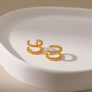Bohemian 18K gold plated double-layer C-shaped ear cuffs with micro bead texture