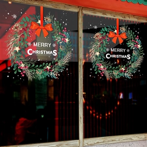 Christmas wreath static window decals with Merry Christmas text and white snowflakes