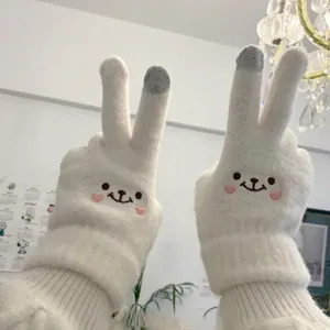 Winter plush white knit touchscreen gloves for women featuring cute rabbit embroidery