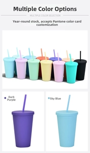 Macro view of matte frosted dual-layer 16OZ plastic tumblers with matching straws
