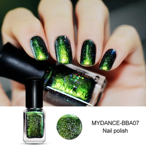 Detail von grünem Glitzer-Chamäleon-Nagellack auf Nägeln und Flasche mit Farbmuster