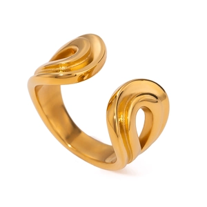 Anillo abierto moderno de acero de titanio dorado con diseño ondulado y acabado pulido