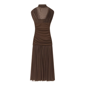Detail of ruched waist and pleated mesh hem on this elegant brown sleeveless maxi dress
