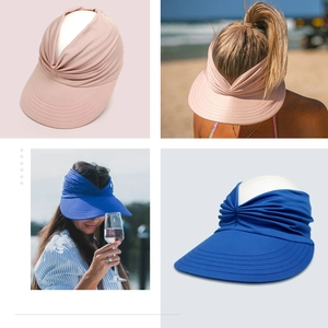 Collage showing stylish pleated sun visors in pink and blue for women's outdoor use