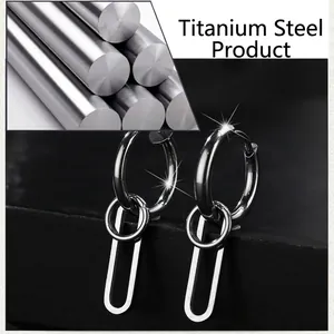 Minimalist silver titanium steel hoop earrings with oval pendants for men in hip hop style