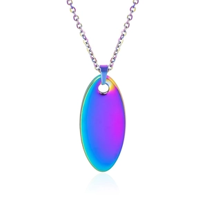 Macro view of oval iridescent pendant with metallic rainbow gradient on fine chain