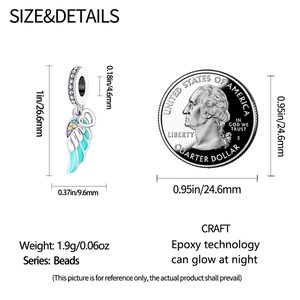 Detailed view of silver wing bead with size specs and glow-in-the-dark enamel feature