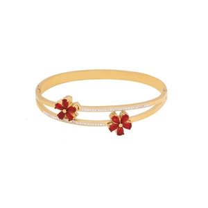 Golden stainless steel bracelet with faceted red zircon flowers and sparkling stones