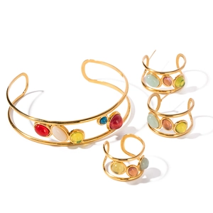 French vintage 18K gold plated stainless steel jewelry set with colorful gemstones