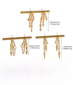 Detailed size specifications for three pairs of gold fringe zircon hoop earrings in copper