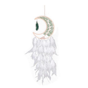 Handmade moon-shaped dream catcher with green crystals and white feathers wall decor