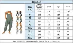 Detailed size chart for women's zipper pocket jumpsuit showing measurements from S to 5XL