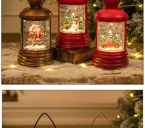 Detail of vintage Christmas lanterns with Santa, snowman and red truck glitter scenes