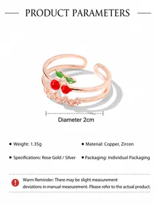 Détail des dimensions de la bague cerise et spécifications du cuivre avec zircon