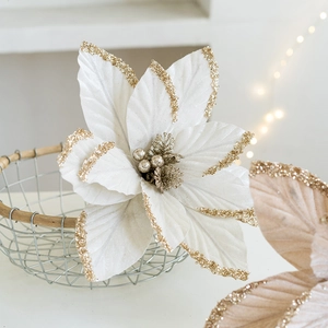 30cm white velvet Christmas flower with gold glitter edges for festive tree decoration