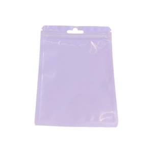 Thick light purple macaron resealable plastic bag with hang hole and tear notch for storage