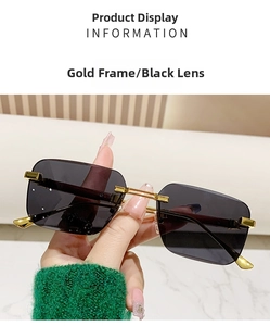 Close-up of golden metal hinges and wood grain temples on square rimless sunglasses