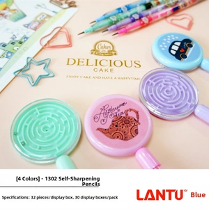 Close-up of four colorful non-sharpening pencils with afternoon tea maze toppers
