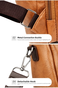 Macro shot of silver metal hooks and hardware on brown vintage leather backpack