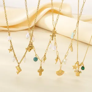 Collier Pendentif Thème Océan Étoile De Mer Dauphin Coquillage Acier Inoxydable Plaqué Or Avec Künstliche Perle Pour Femmes
