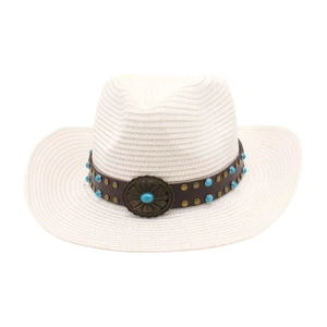 Detail of white cowboy hat featuring turquoise beads and vintage metal buckle on leather band