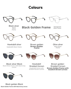 Detailed catalog of cat-eye frames and sunglasses in black, tortoiseshell and olive