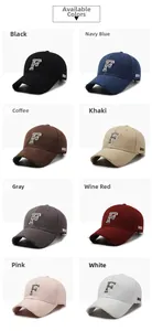 Detailed grid view of cotton baseball caps in eight vintage colors with 3D embroidery