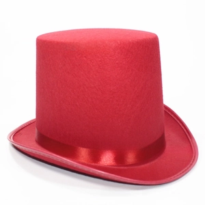 Detail view of the red felt top hat featuring a smooth satin ribbon and structured brim