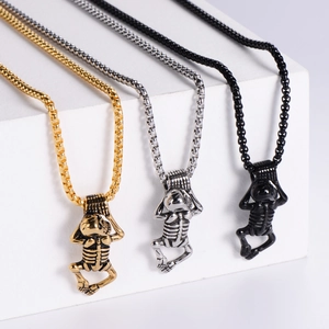 Gothic 304 stainless steel skull skeleton pendant necklaces in gold, silver, and black