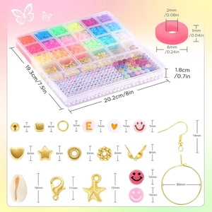 Detailansicht des DIY-Schmucksets mit Clay-Perlen und Größenangaben in einer 24er Box