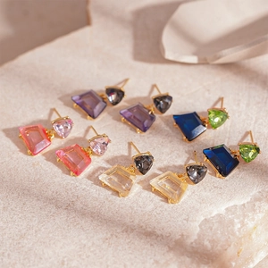 Geometric crystal drop earrings with triangular and trapezoidal stones in multiple colors