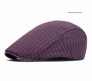 Detailed macro view of purple plaid fabric texture on a vintage British flat cap