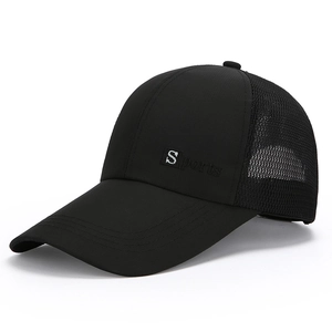 Black S sports baseball trucker hat with long brim and breathable mesh back for fishing